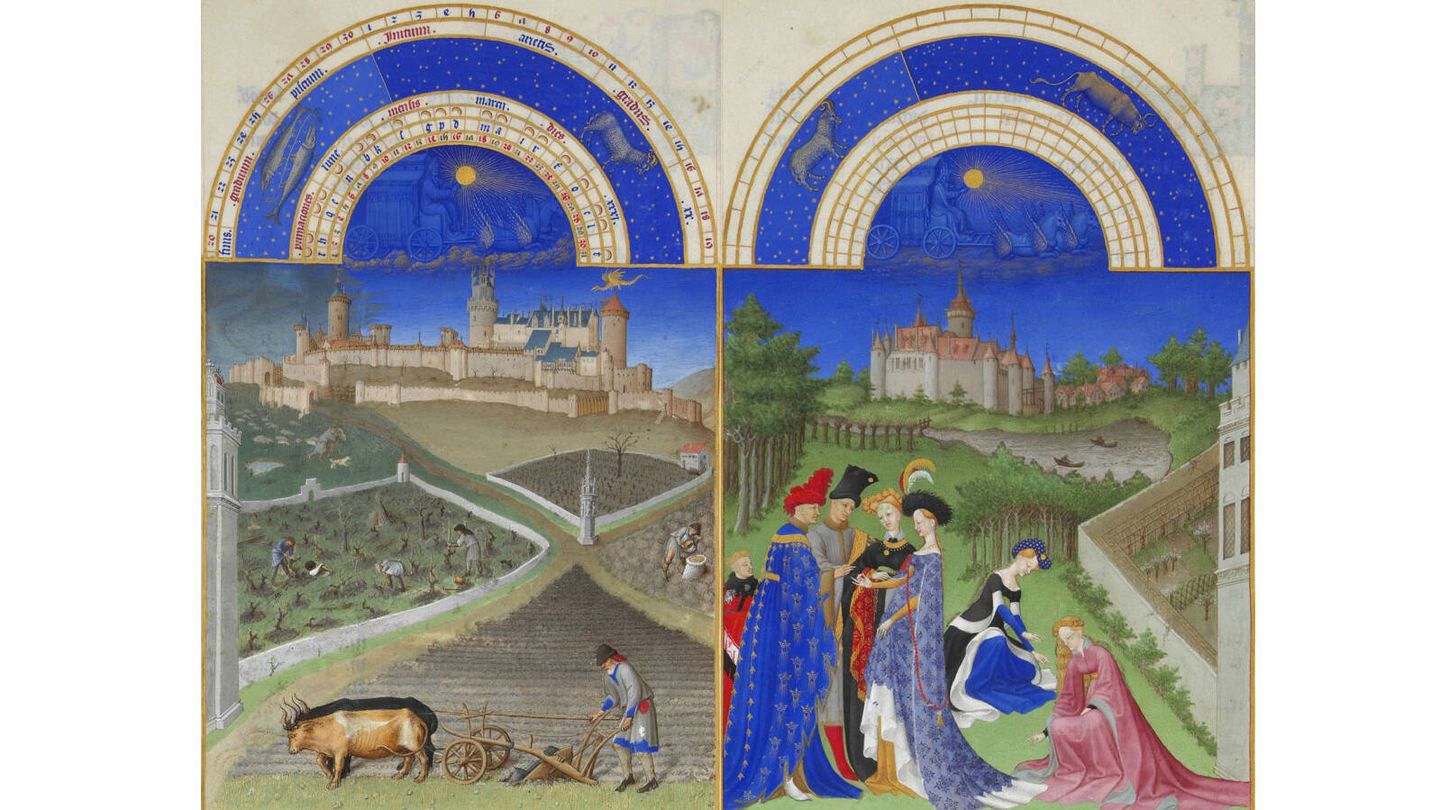 Representación de Marzo (izquierda) y Abril (derecha) en Très Riches Heures du Duc de Berry, un libro de oraciones para ser dicho en horas canónicas. (Wikimedia)
