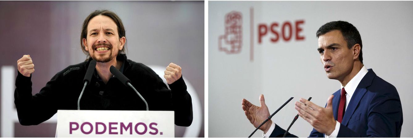El líder de Podemos, Pablo Iglesias (i), y el secretario general del PSOE, Pedro Sánchez. (Reuters)