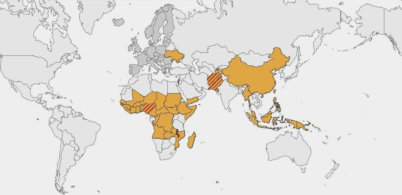 En amarillo, países del mundo con presencia reciente de polio; en Nigeria y Afganistán, se considera endémica. (ECDC)