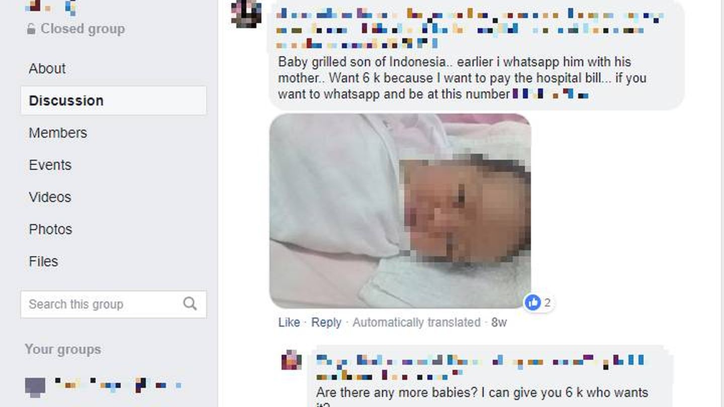 Captura de pantalla de una página real de Facebook donde se comercia con bebés