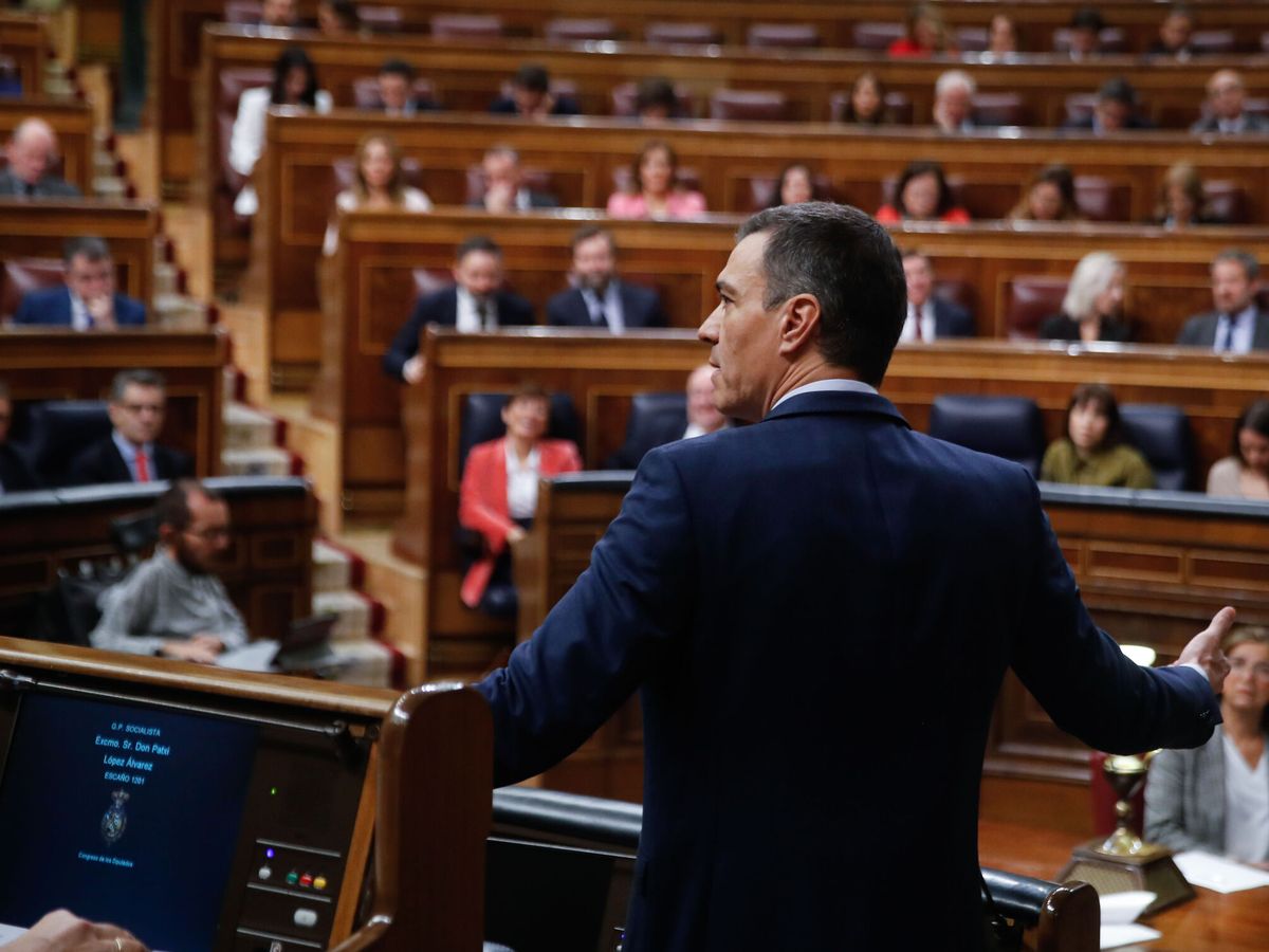 Foto: El presidente del Gobierno, Pedro Sánchez, interviene durante la última sesión de control al Gobierno en el Congreso. (EFE/Juan Carlos Hidalgo)