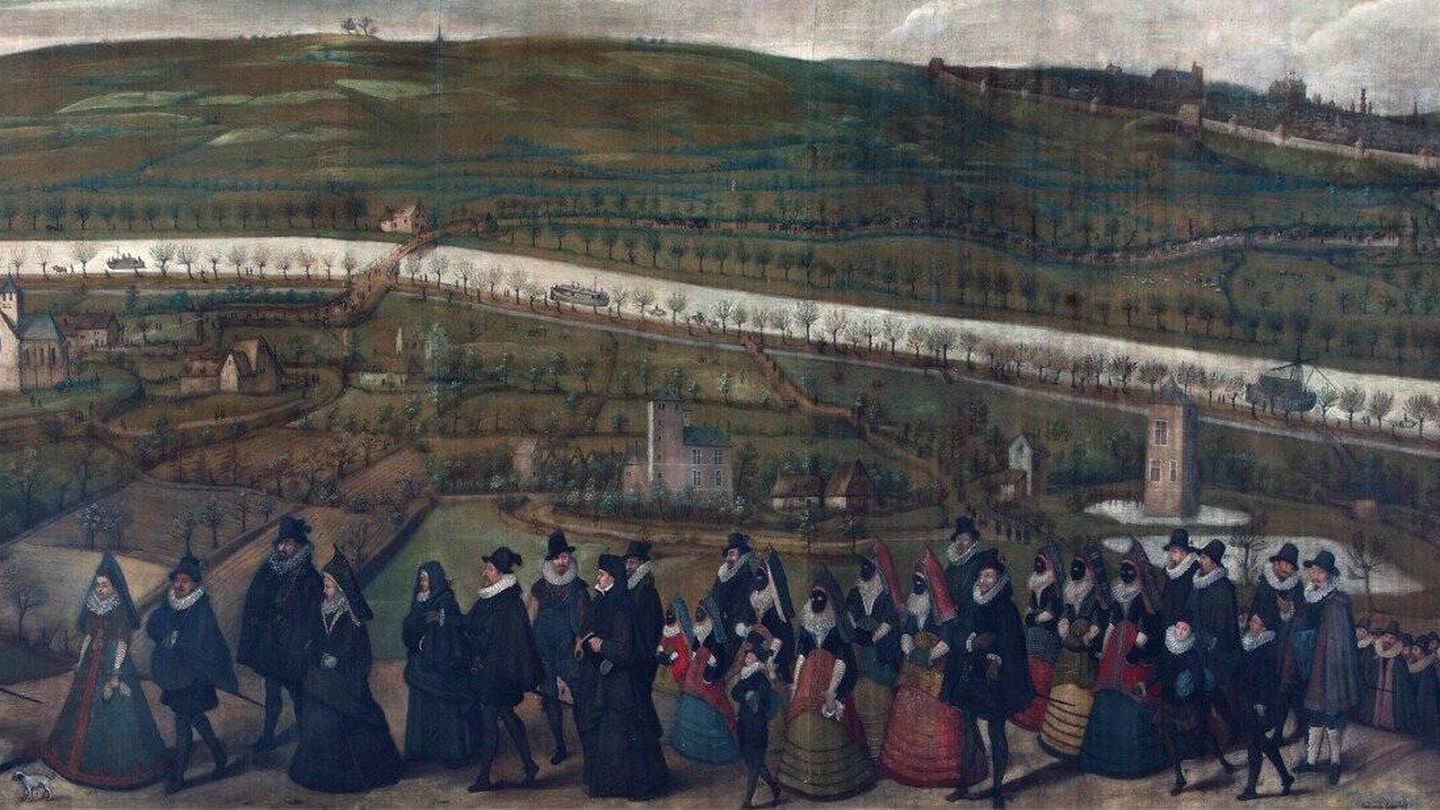 Mujeres enmascaradas en peregrinación al santuario de Laeken (ahora parte de la ciudad de Bruselas) en un óleo anónimo de 1601.