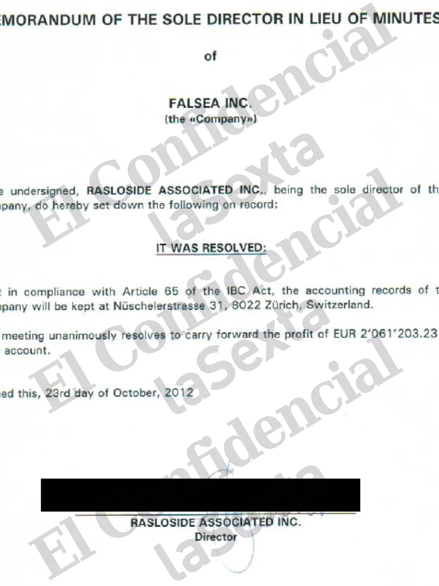 Acta de la junta directiva de Falsea Inc. del 23 de octubre de 2012.