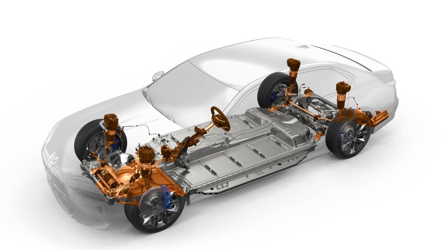 Radiografía del BMW i7, con su batería de 101,7 kWh de capacidad útil bajo el suelo.