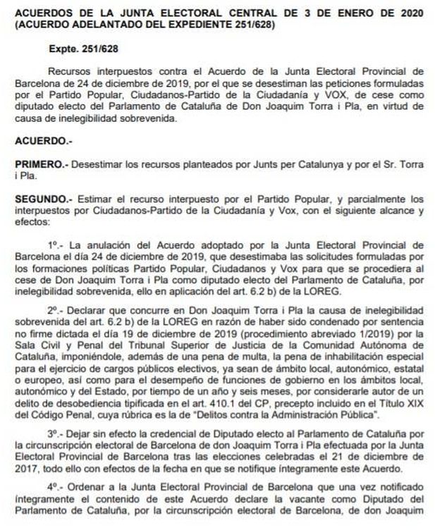 Consulte aquí en PDF los acuerdos de la Junta Electoral Central (JEC) sobre Quim Torra y Oriol Junqueras