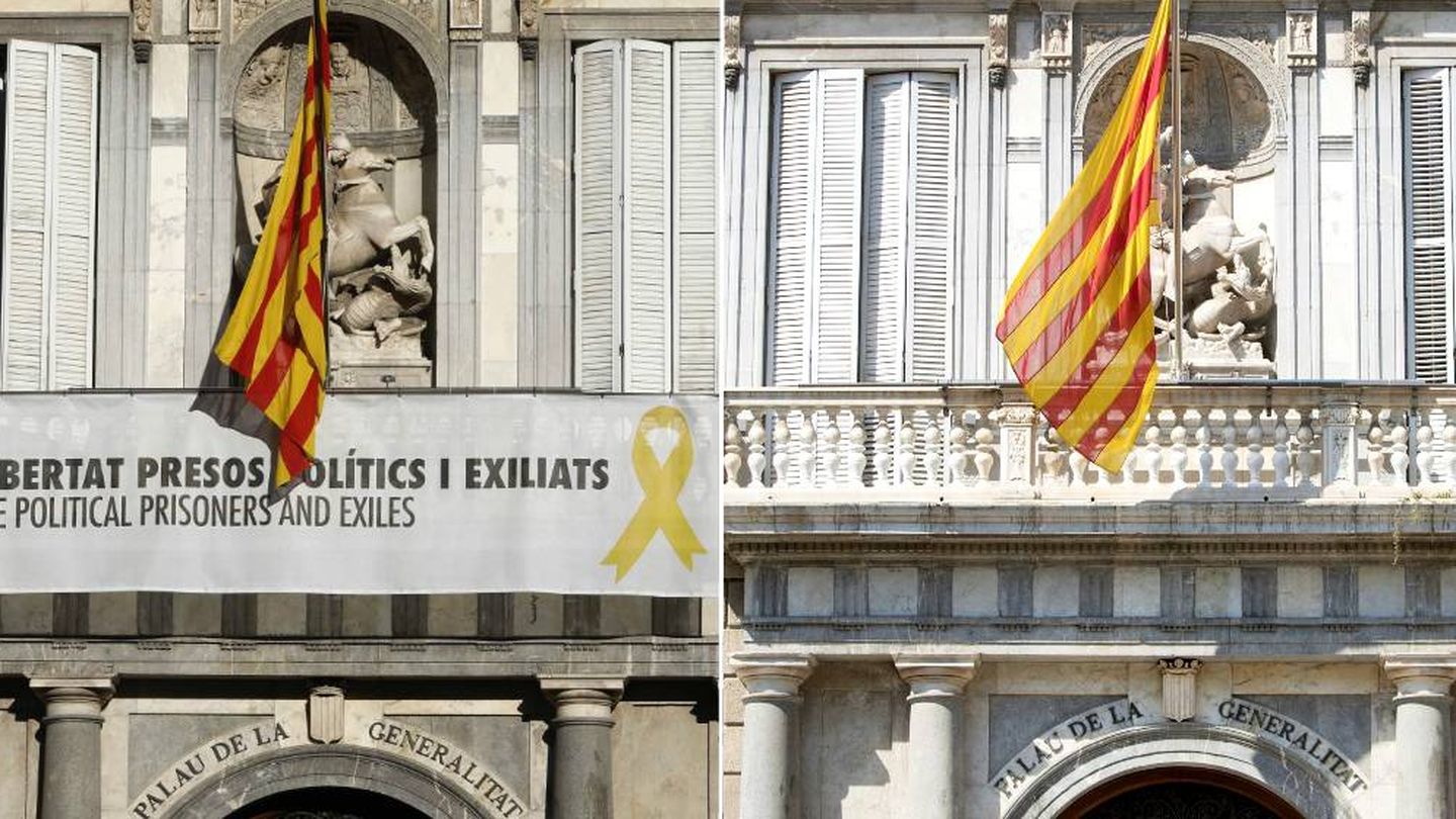 El Palau de la Generalitat, antes y después de la retirada de la pancarta con el lazo amarillo.
