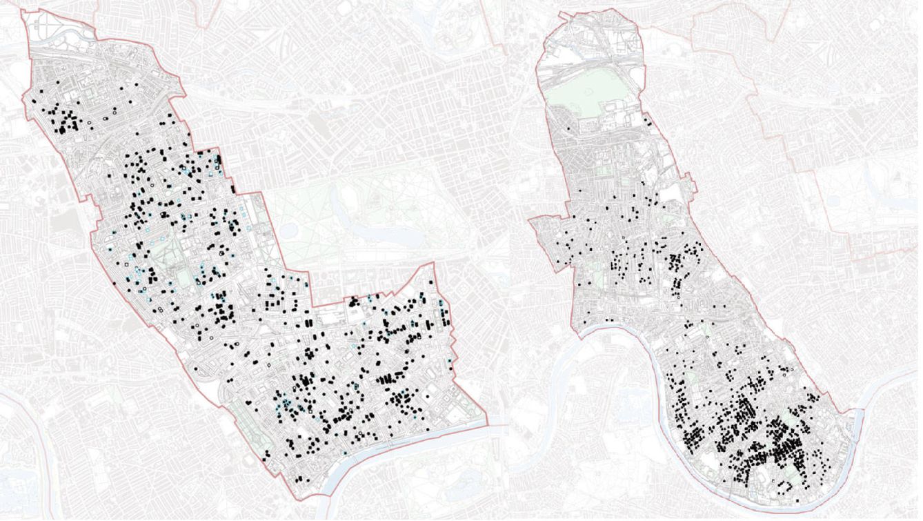 Mapas con la ubicación de los sótanos en Chelsea y Fulham. Universidad de Newcastle.