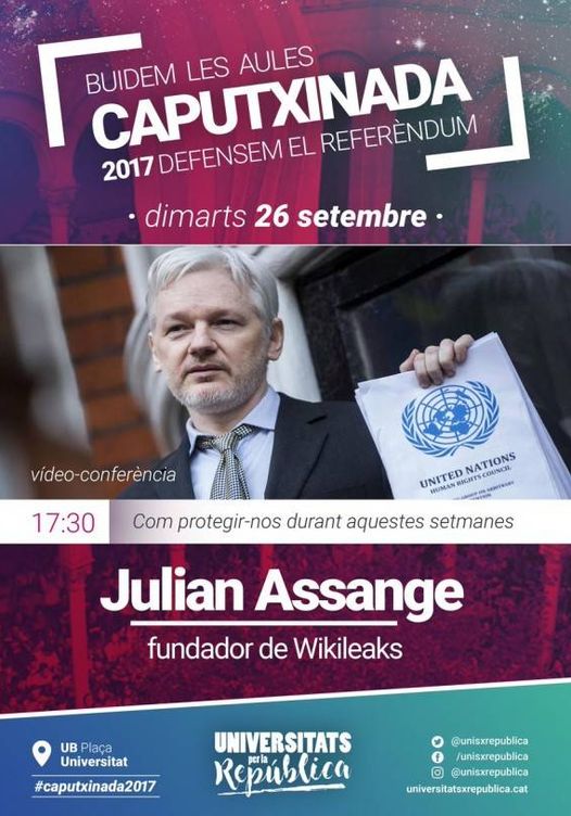 Panfleto de la videoconferencia de Assange. (EC)