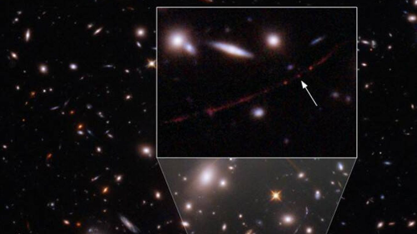 Imágenes del Hubble sobre la ubicación de la nueva estrella descubierta. (NASA/ESA/Brian Welch (JHU)/Dan Coe (STScI)/Alyssa Pagan (STScI)