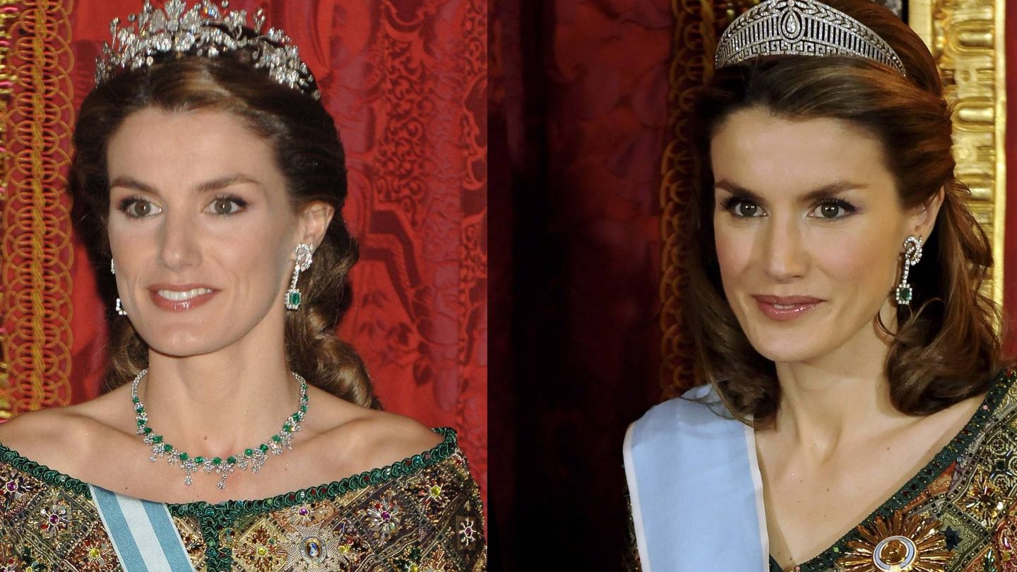 La reina Letizia, en 2006 y en 2009 con un vestido modificado de Caprile. (Getty)