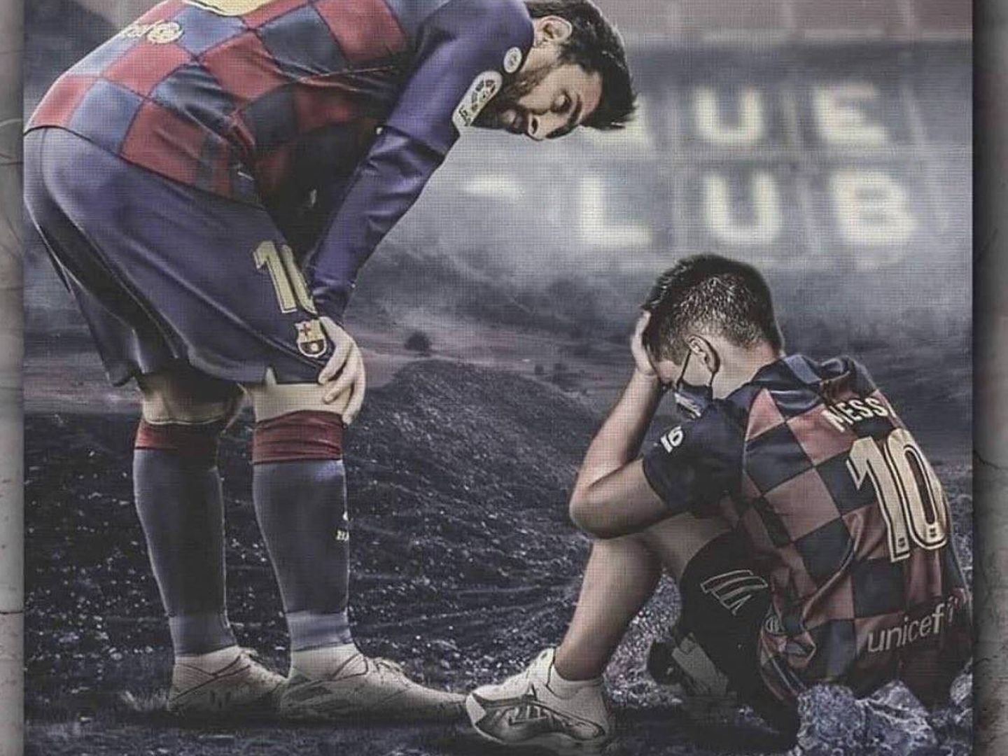 Fotomontaje en las redes sociales de Messi y un niño con su camiseta que llora su marcha