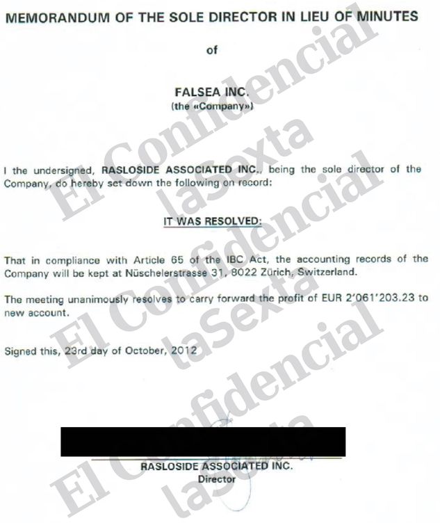 Acta de la junta directiva de Falsea Inc. del 23 de octubre de 2012.