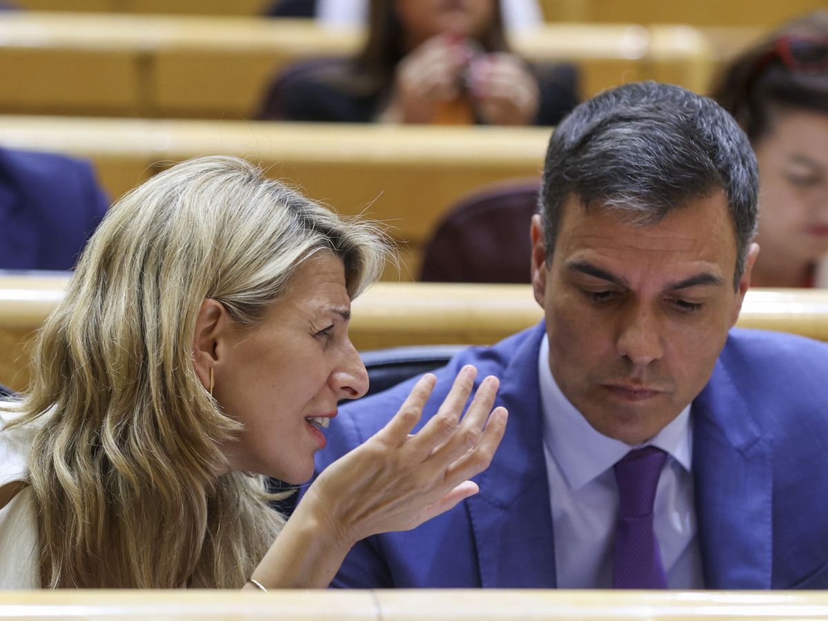 Foto: El presidente del Gobierno, Pedro Sánchez (d), y la vicepresidenta segunda y ministra de Trabajo y Economía Social, Yolanda Díaz. (EFE/Kiko Huesca)