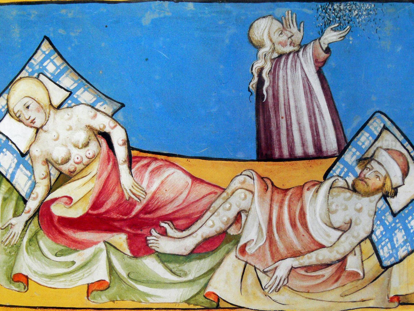 Víctimas de la Peste Negra con los característicos bubones en una ilustración de la Biblia de Toggenburgo