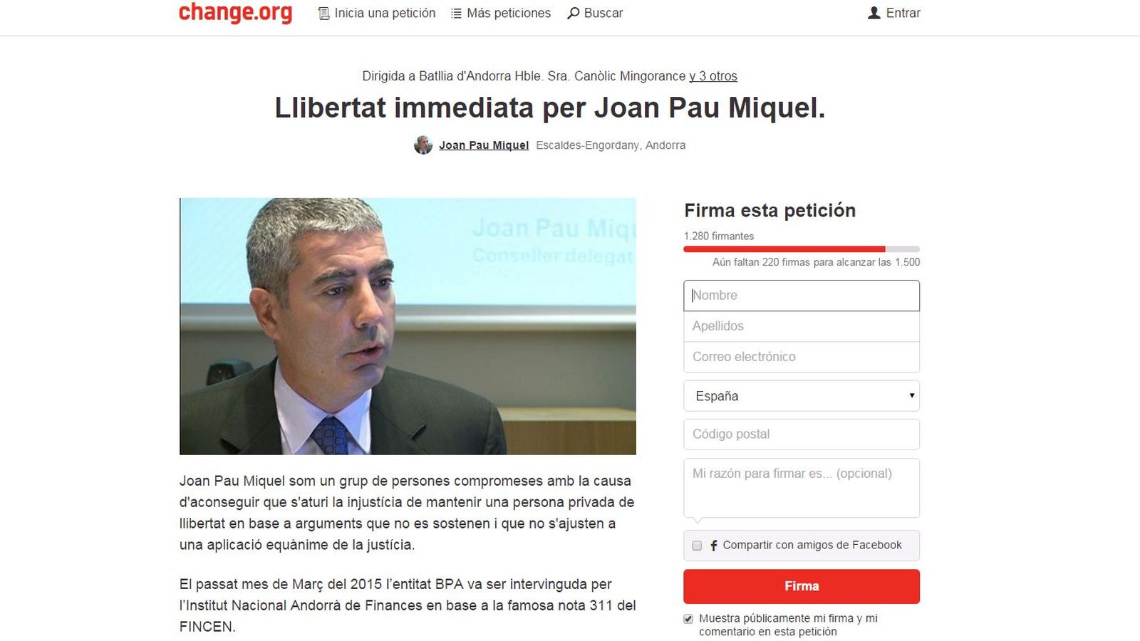Foto: Petición por la libertad inmediata para Joan Pau Miquel en change.org.