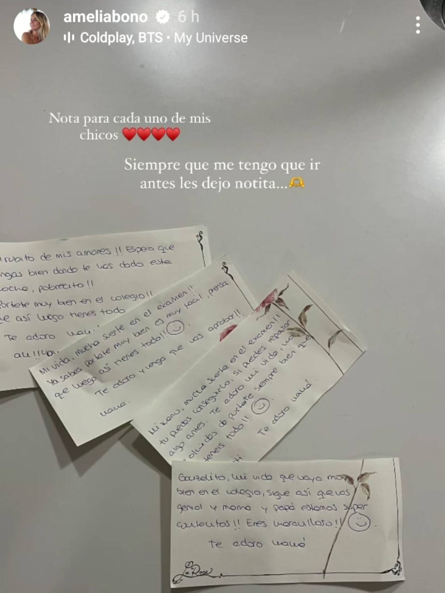 Las notas manuscritas que la influencer ha dejado a sus hijos. (Instagram/@ameliabono)