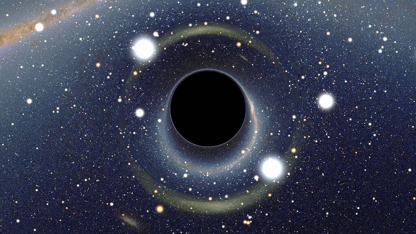Vista simulada de un agujero negro frente a la Gran Nube de Magallanes. (Wikipedia)