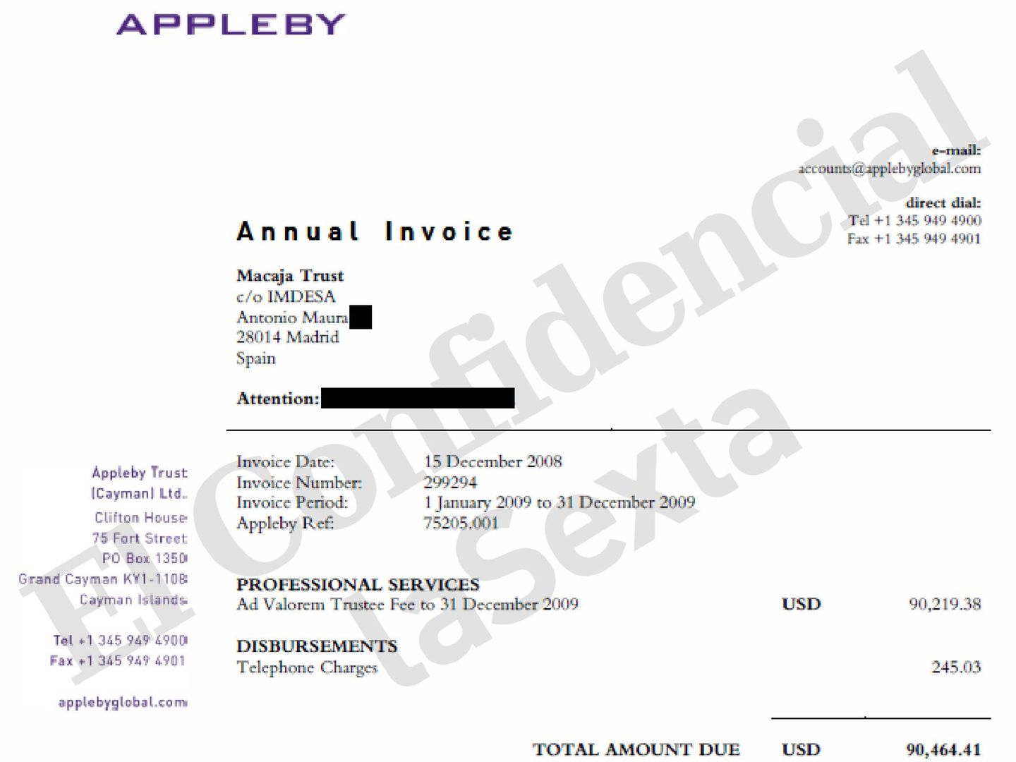 Factura de Appleby a Macaja Trust por los servicios prestados para 2009.