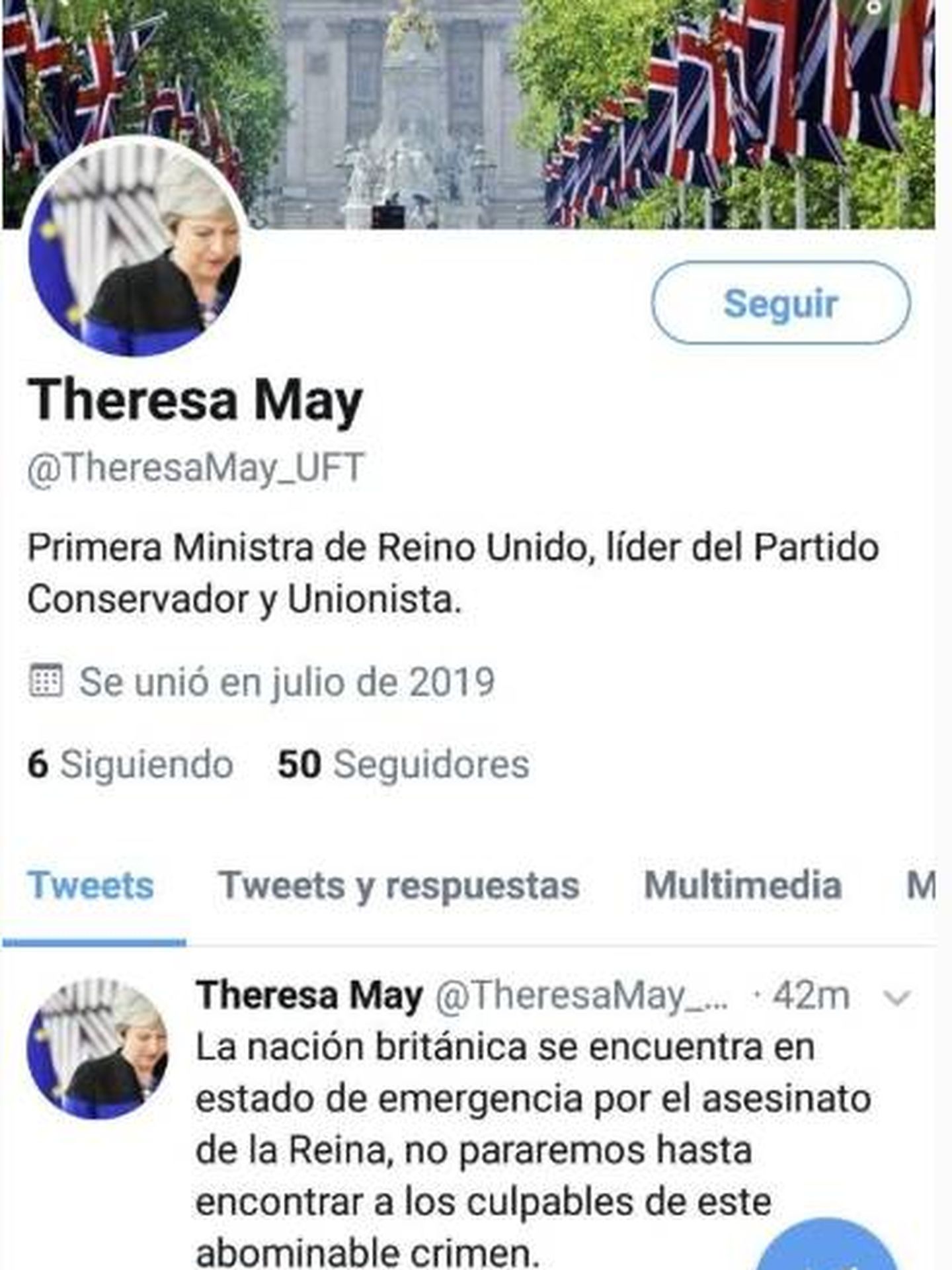 Tuit de la cuenta falsa de Theresa May. (Twitter)