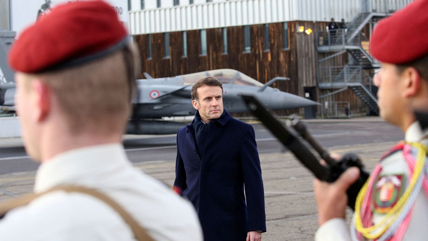 French President Emmanuel Macron reviews the troops before his New Year address to the French Army, at the Mont-de-Marsan air base, France January 20, 2023. Bob Edme Pool via REUTERS