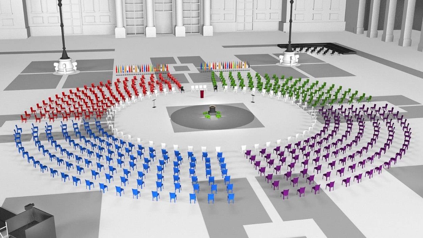 Recreación infográfica de cómo será la disposición de los invitados en la ceremonia civil de Estado a las víctimas del covid-19 en la plaza de la Armería del Palacio Real de Madrid, el próximo 16 de julio de 2020. (Moncloa)
