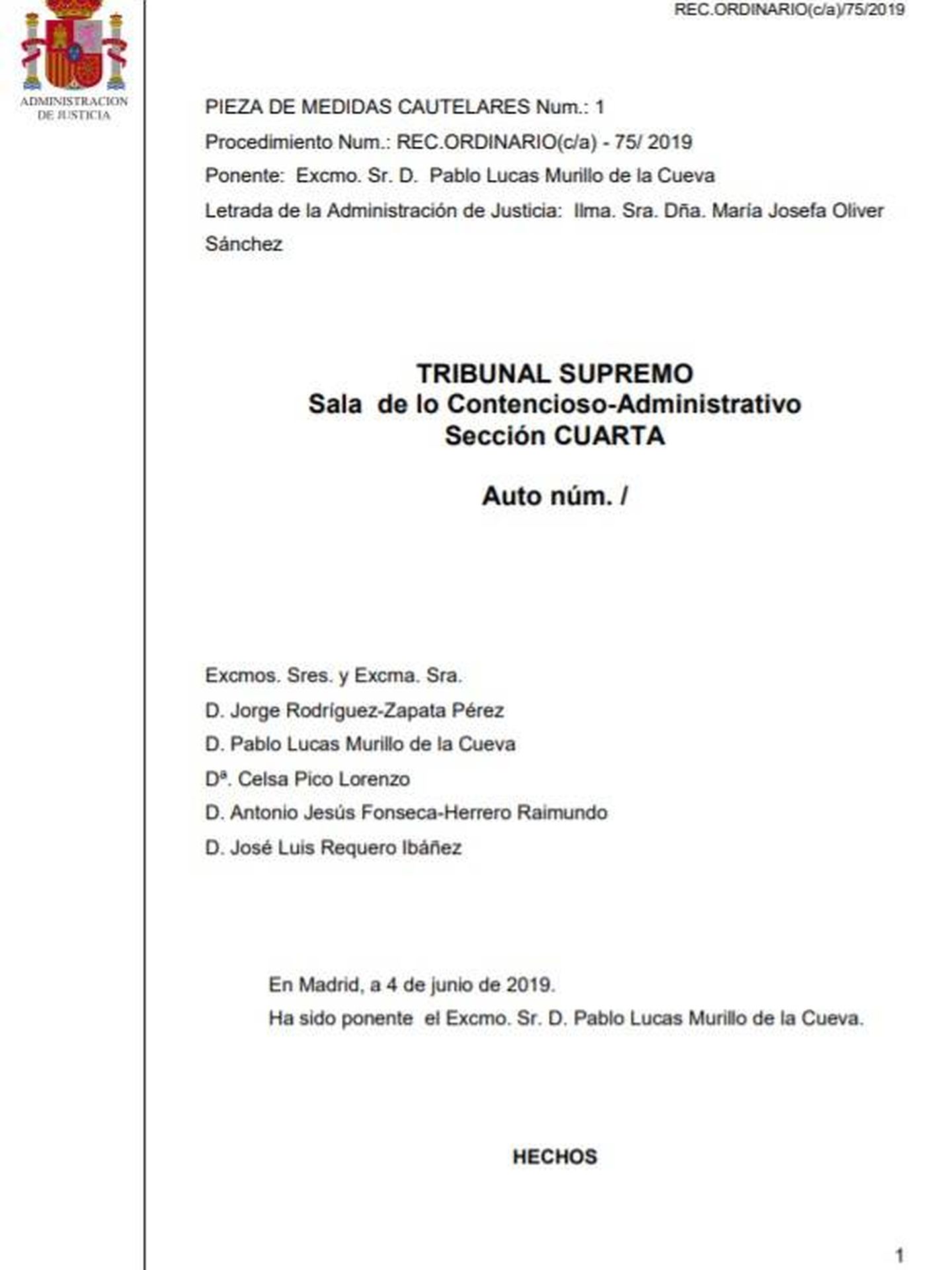 Consulte aquí en PDF el auto del Tribunal Supremo de suspensión cautelar de la exhumación de Francisco Franco. 