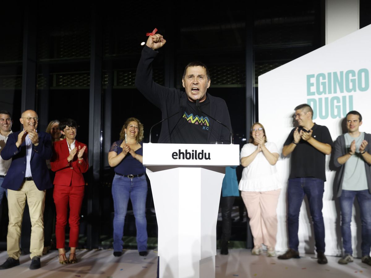 Foto: Otegi celebra los resultados de Bildu el 28-M, la noche electoral. (EFE/Javier Etxezarreta)