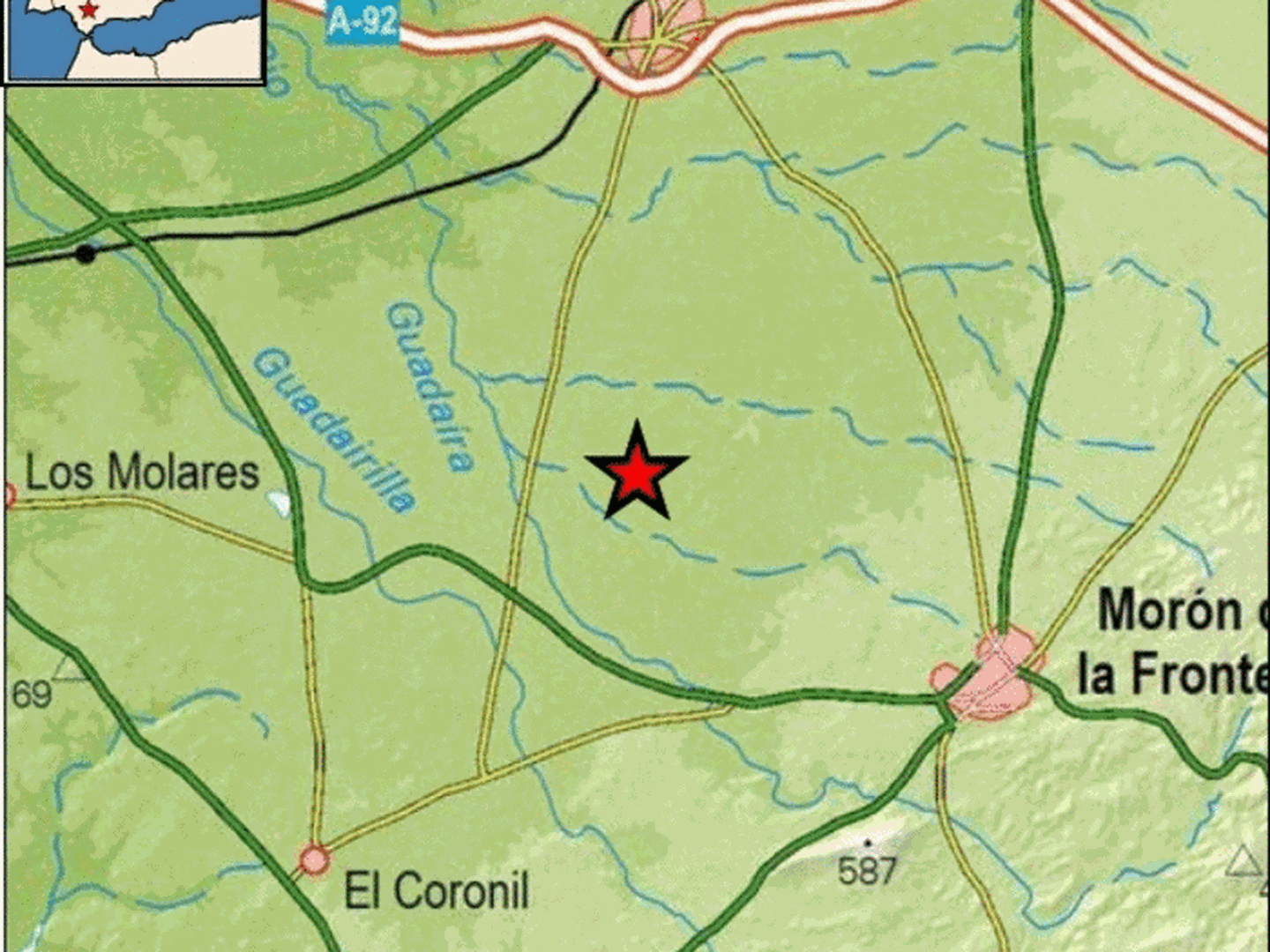 Epicentro del terremoto en las proximidades de El Coronil. (IGN)