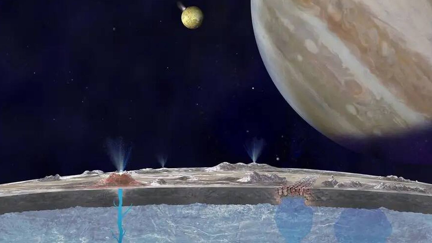 Ilustración de Europa (en primer plano) con Júpiter a la derecha y la luna Io a lo lejos. (NASA/JPL-Caltech)
