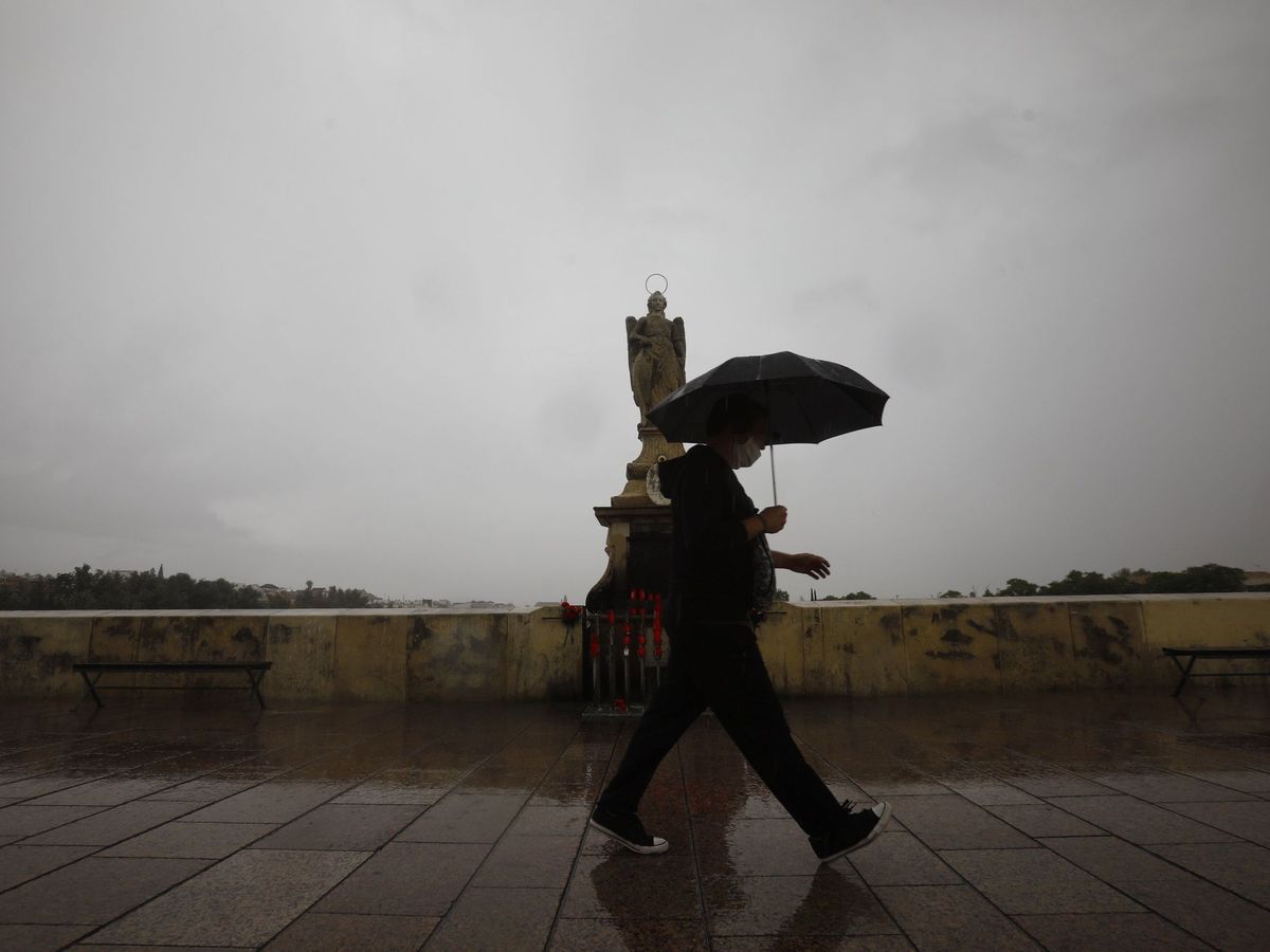 Foto:  Una persona camina con paraguas por el Puente Romano de Córdoba. (EFE)