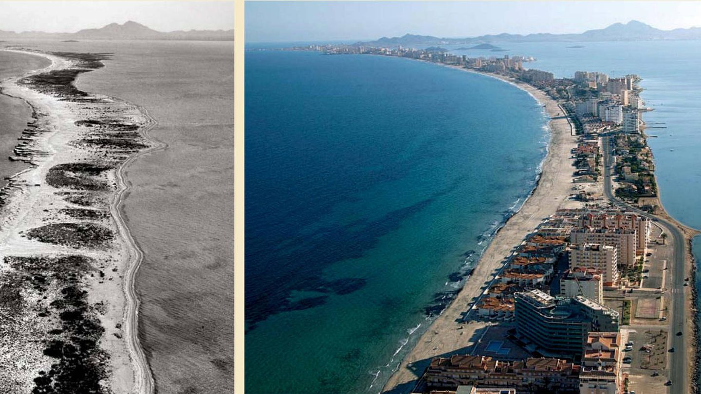 La Manga del Mar Menor, en una foto histórica y en la actualidad. EFE