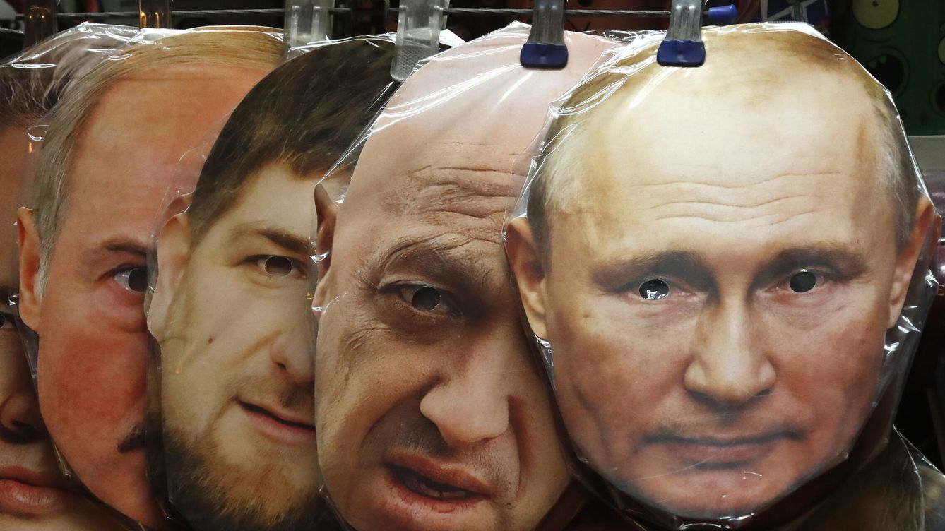 Foto: Caretas de Vladímir Putin, Yevgeny Prigozhin, Ramzan Kadirov y Alexander Lukashenko. (Anatoly Maltsev/EFE)