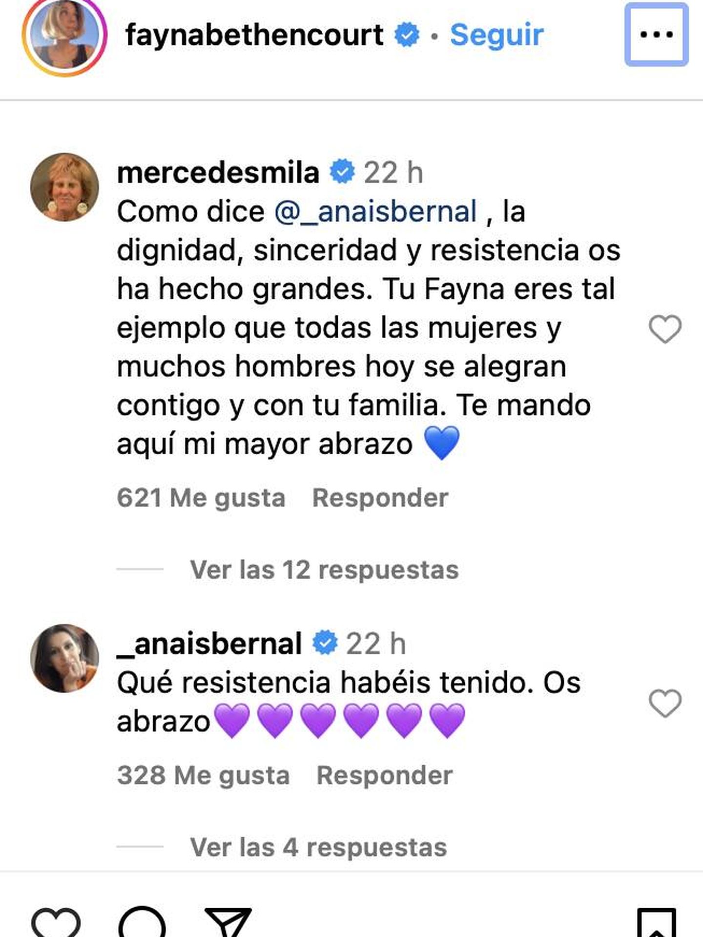 Mensaje de Mercedes Milá y Ana Bernal apoyando a Fayna Bethencourt (IG: @faynabethencourt)