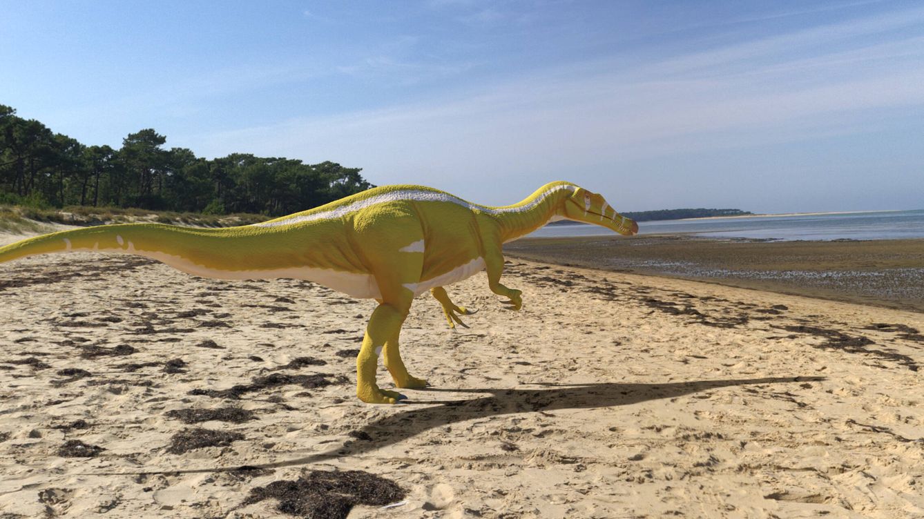 Foto: Recreación del nuevo dinosaurio, junto a la costa. (Grup Guix)