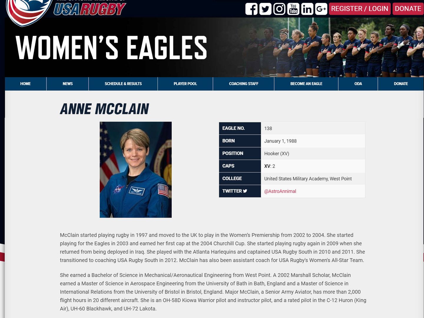 La Federación de Rugby de Estados Unidos dedica una página a Anne McClain