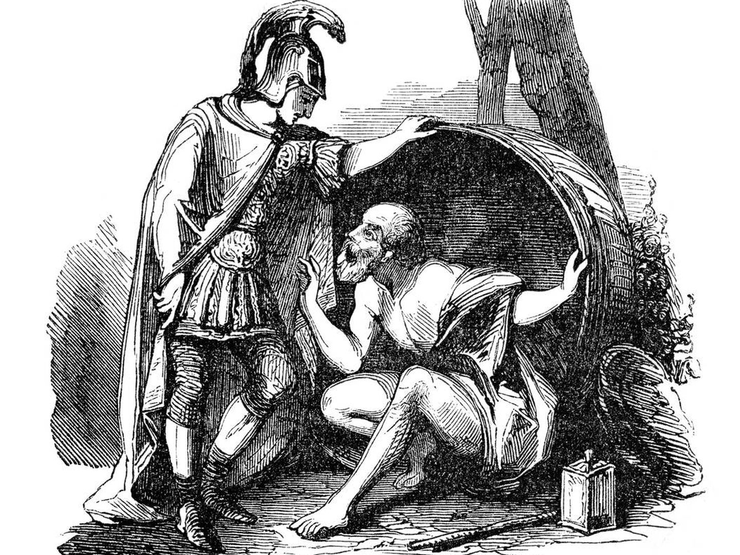 Diógenes de Sínope en barrica de vino hablando con Alejandro Magno (iStock)