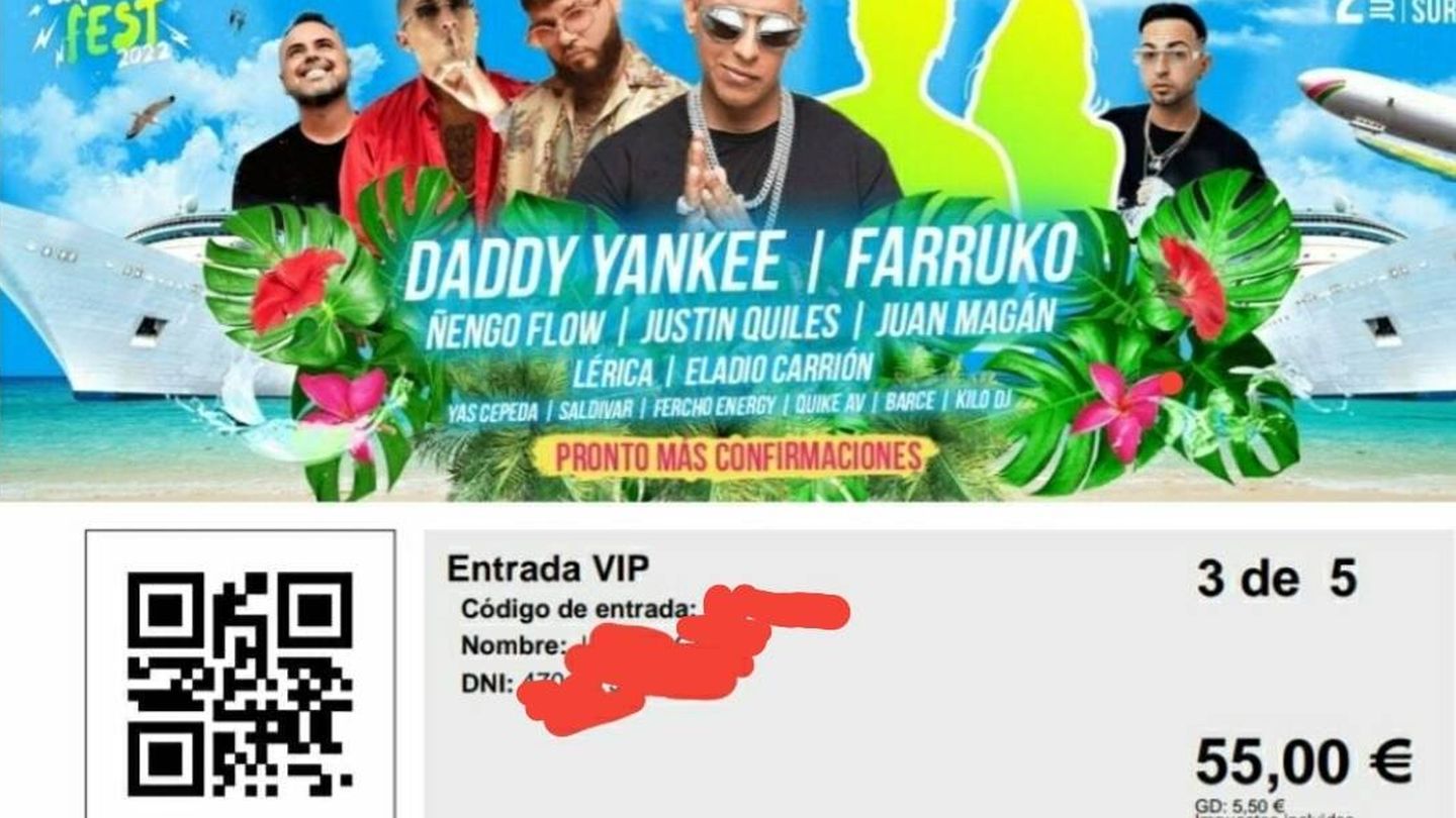 Una de las entradas del Latin Fest de Valencia, con la imagen de Daddy Yankee y Farruko, ninguno confirmado.
