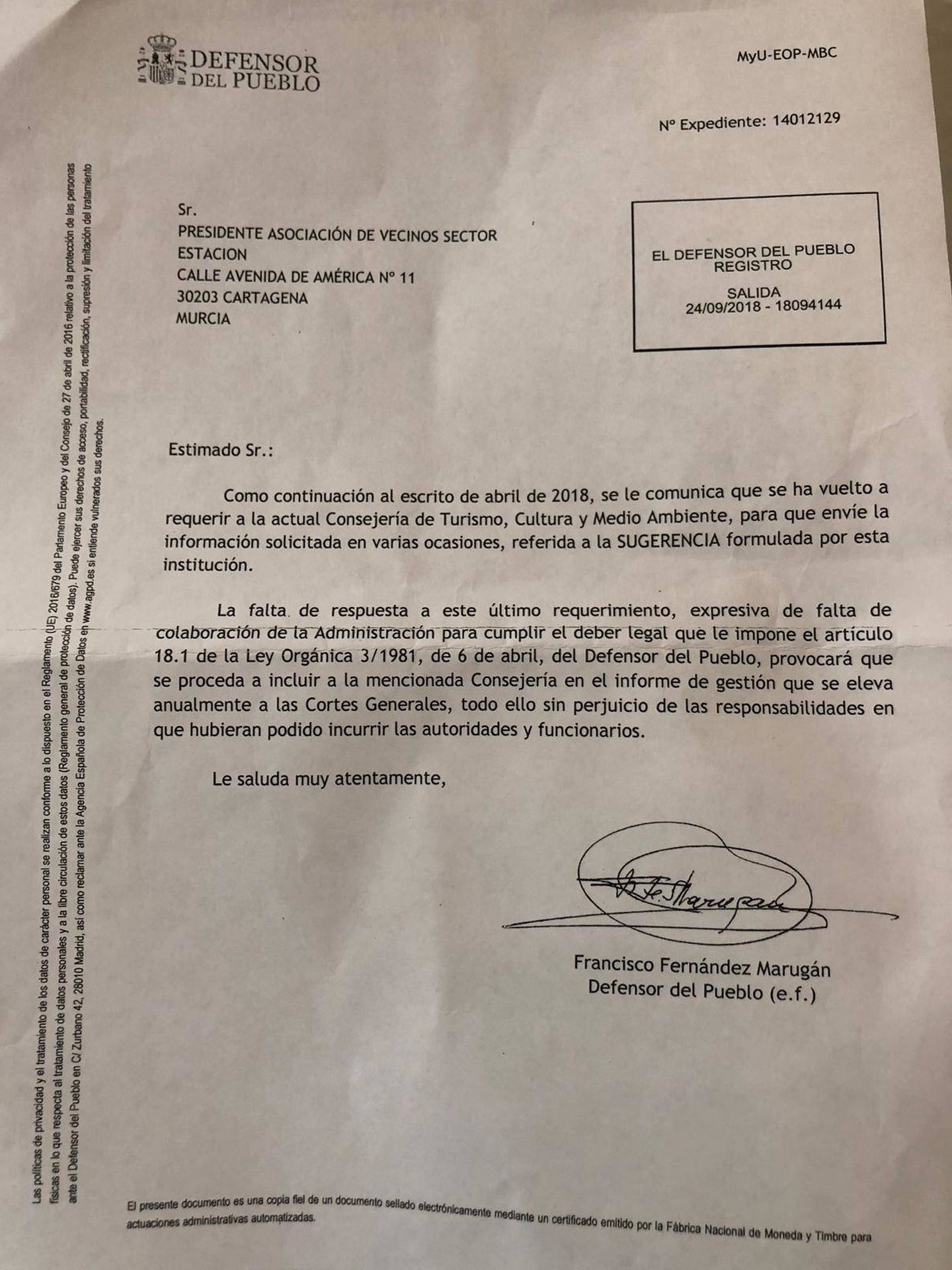 Carta del Defensor del Pueblo a la asociación de vecinos Sector Estación donde se denuncia la inacción en El Hondón.