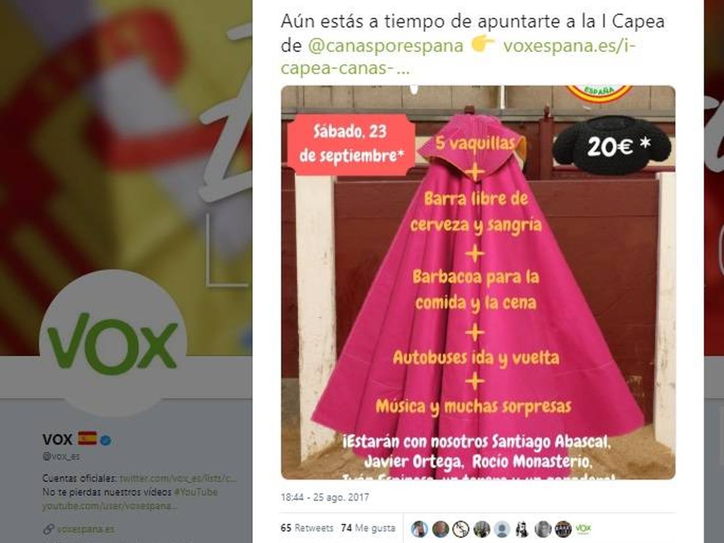 Tuit de Vox animando a asistir a la capea de Cañas por España (Twitter)