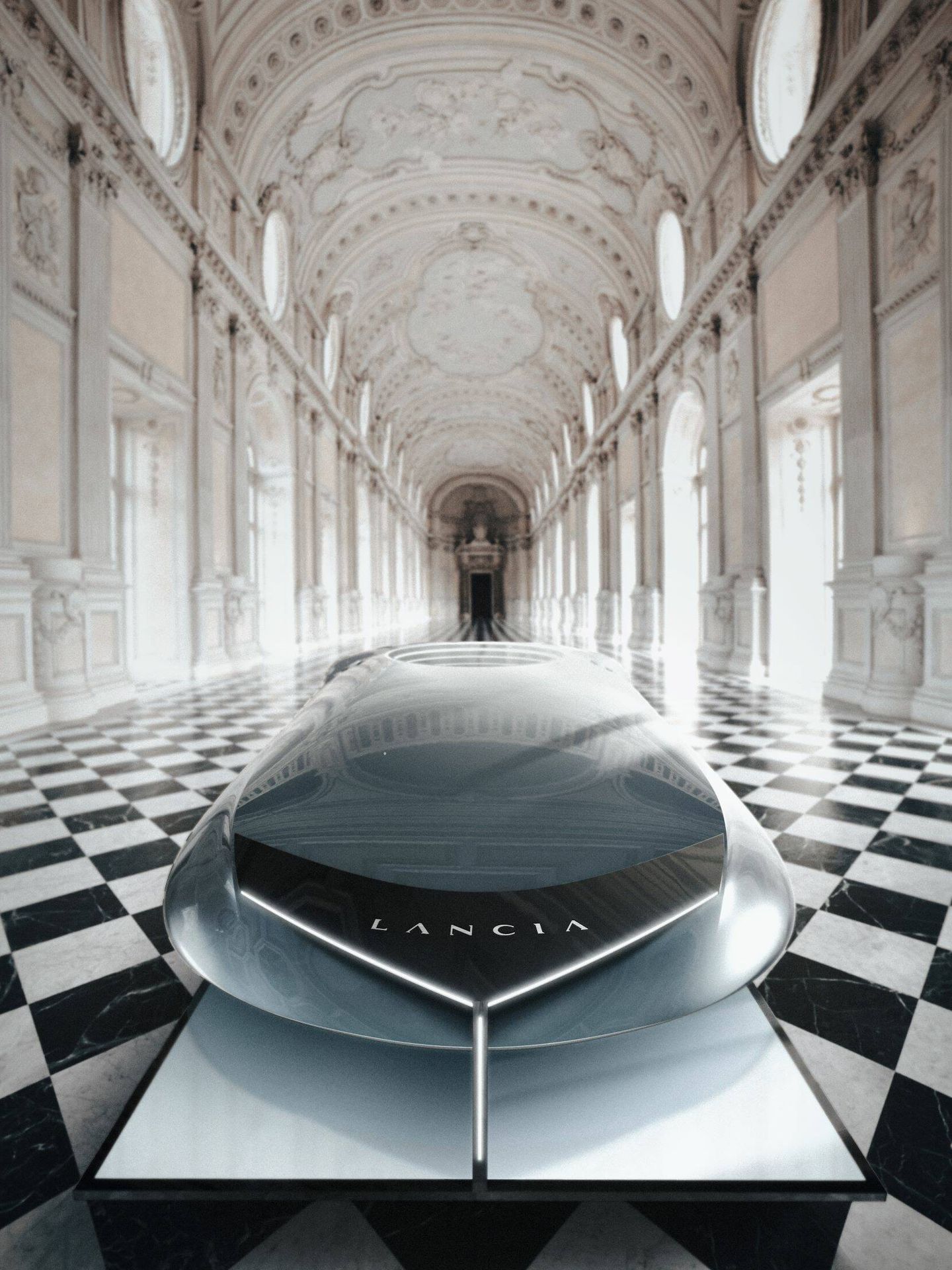 La marca italiana desveló su futurista Pu+Ra Zero en el salón principal del palacio de Venaria Reale.