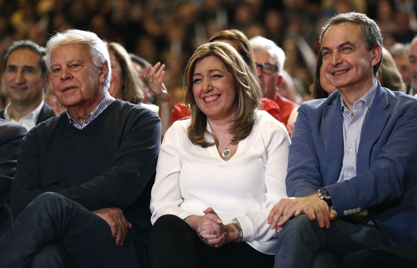 Susana Díaz junto a Felipe González y José Luis Rodríguez Zapatero, el pasado 26 de marzo en Madrid. (EFE)