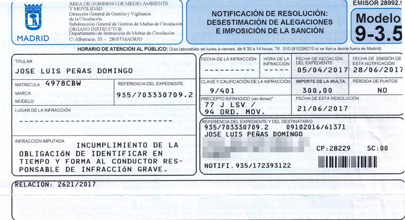 Una de las últimas multas de 300 euros que le han llegado a José Luis Peñas.