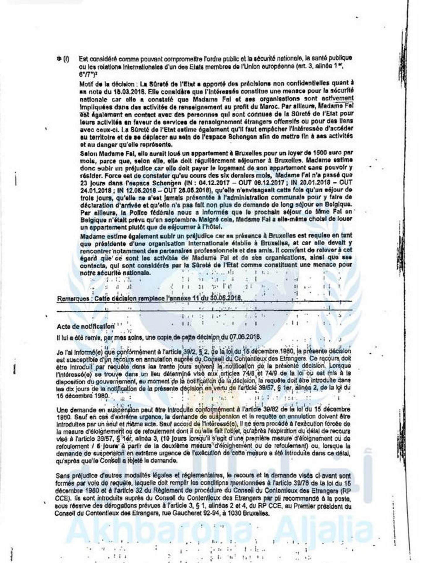 Resolución de la Oficina de Extranjería belga que recoge la nota de la Seguridad del Estado sobre Kaoutar Fal.
