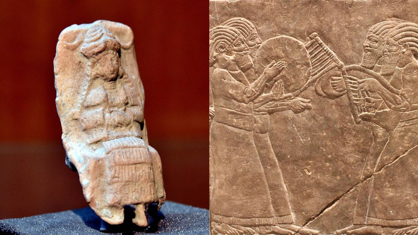 Escultura de la diosa Nikkal. (Wikiwand) / Músicos del ejército asirio en un bajorrelieve del Palacio de Asurbanipal, en Nínive. (Wikipedia)