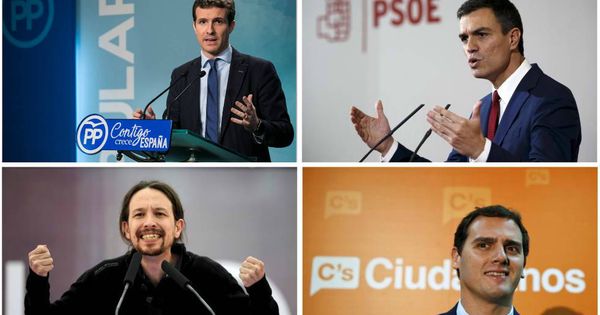 Foto: Pablo Casado (PP), Pedro Sánchez (PSOE), Pablo Iglesias (Podemos) y Albert Rivera (Cs). (Montaje: EC)