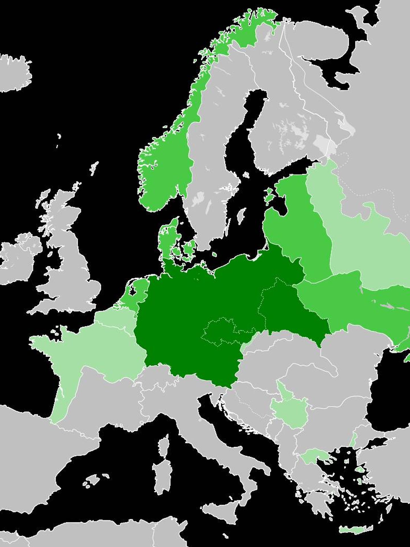 En verde oscuro, la Gran Alemania del III Reich. (Wikipedia)