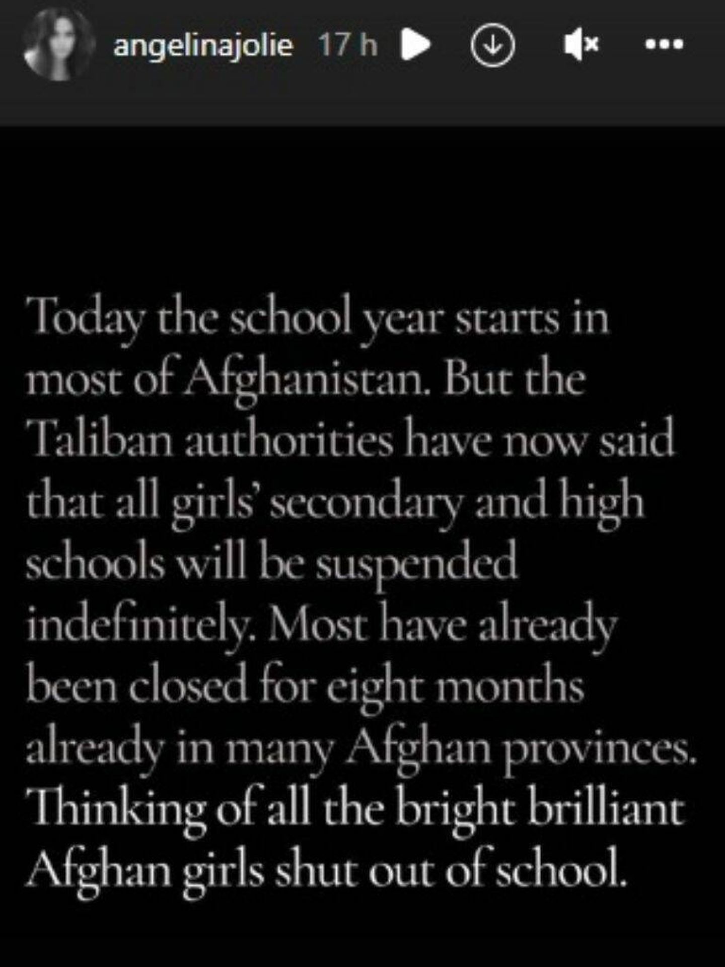 El mensaje de Angelina Jolie sobre las niñas en Afganistán. (Instagram/@angelinajolie)