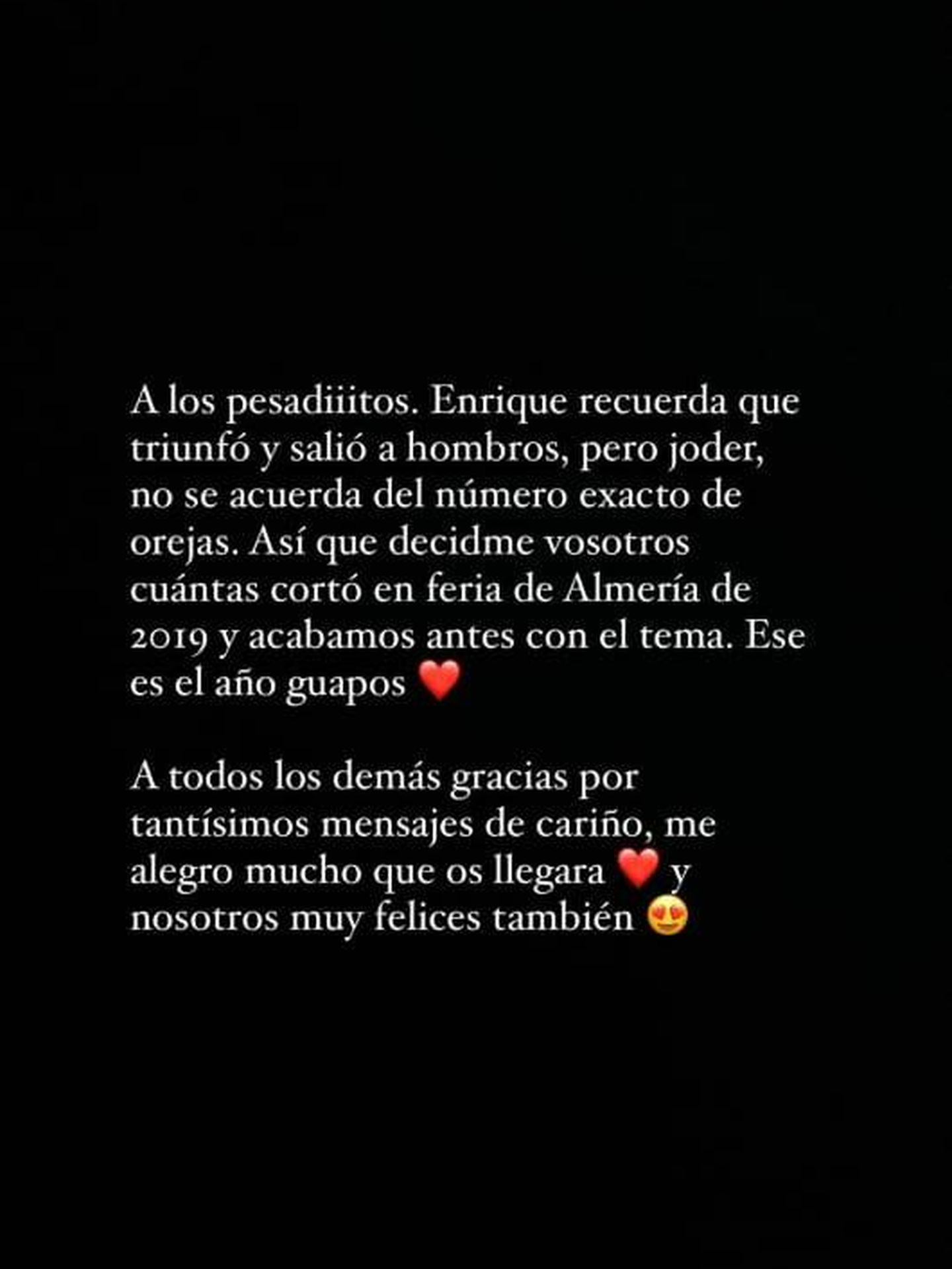 La defensa de Ana Soria a Enrique Ponce. (Instagram/@anasoria.7)