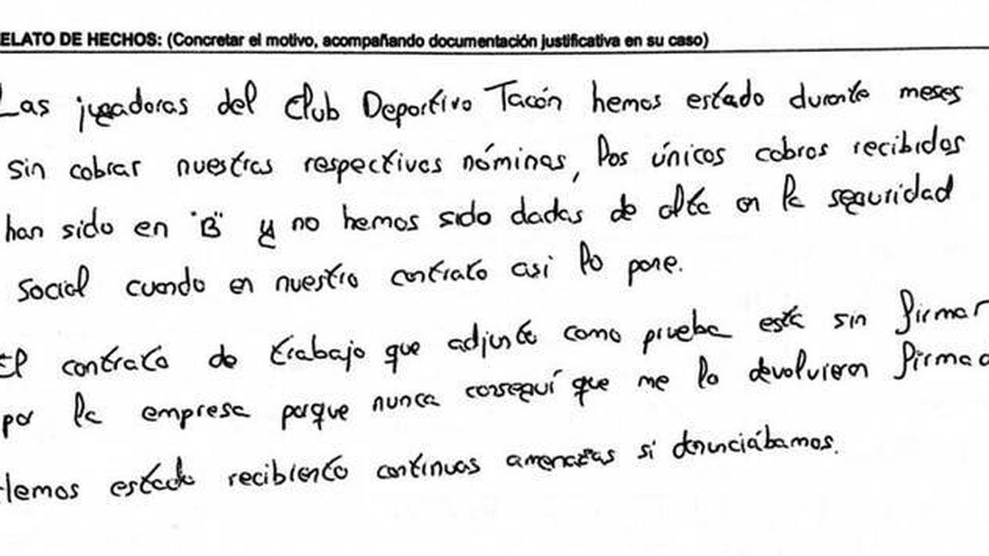 Denuncia de una futbolista del CD Tacón en la Inspección de Trabajo