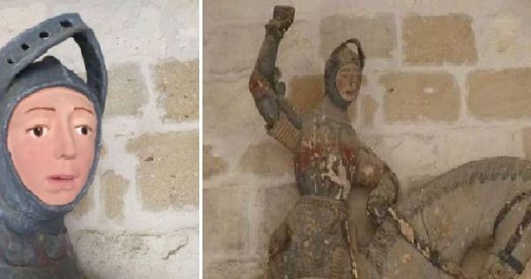 Foto: La restauración del San Jorge del siglo XVI que se encuentra en la iglesia de San Miguel de Estella. (Foto: ArtUs Restauración)